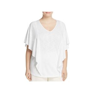 FOXCROFT Womens White Ruffled Flutter Sleeve V Neck T-Shirt Plus 2X
